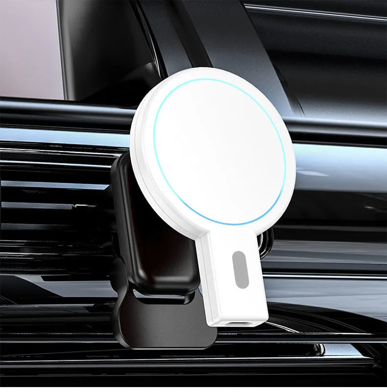 Black magnetic wireless phone charger with foldable stand in both flat and angled positions