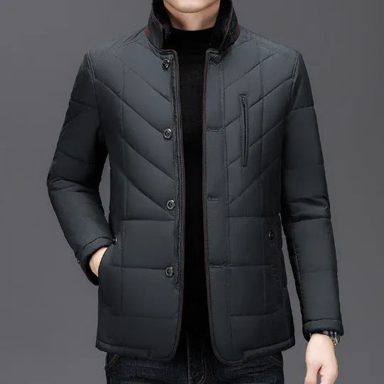 Men's winter short padded coat in dark blue with side seam pockets