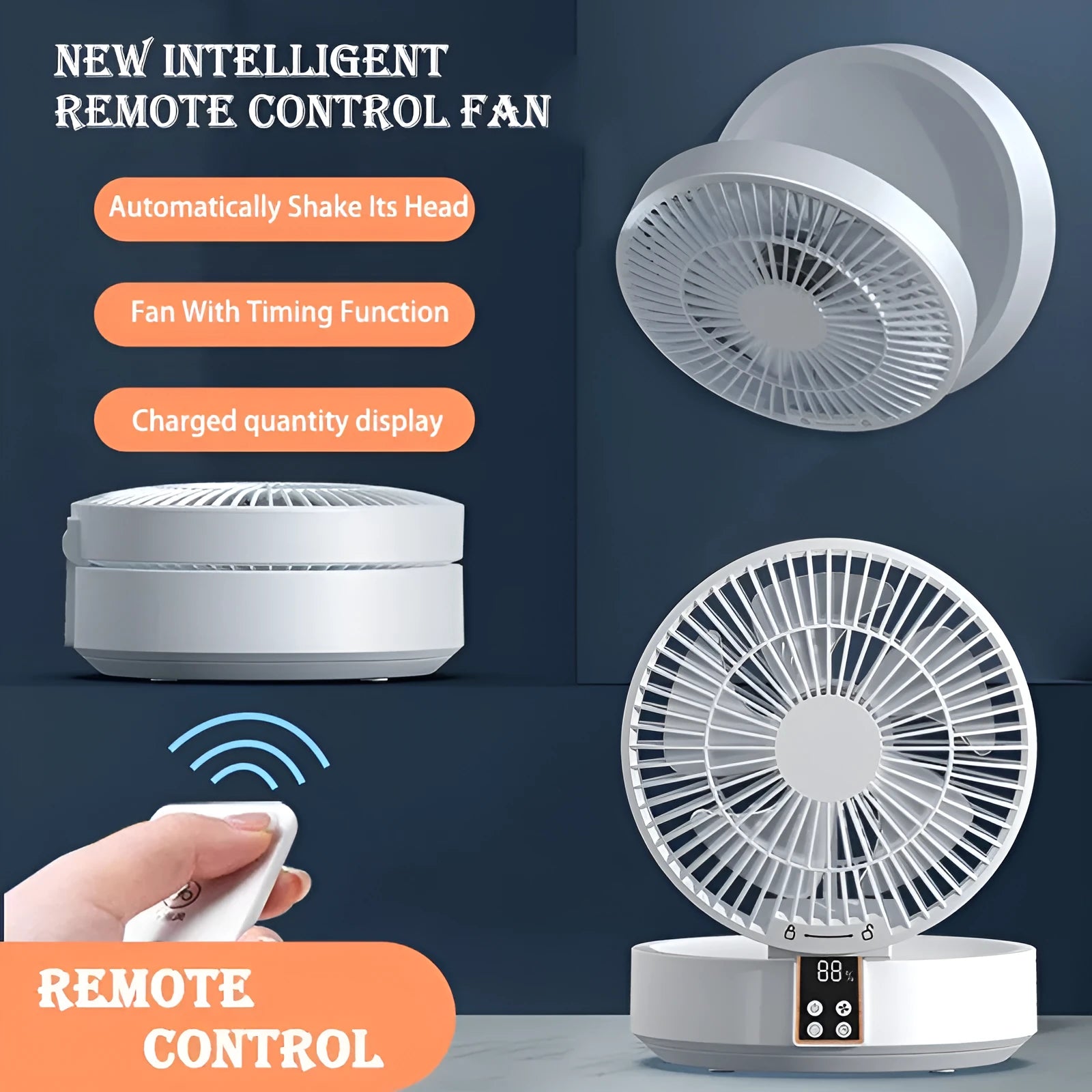 White portable rechargeable folding fan with night light and remote control on a desk