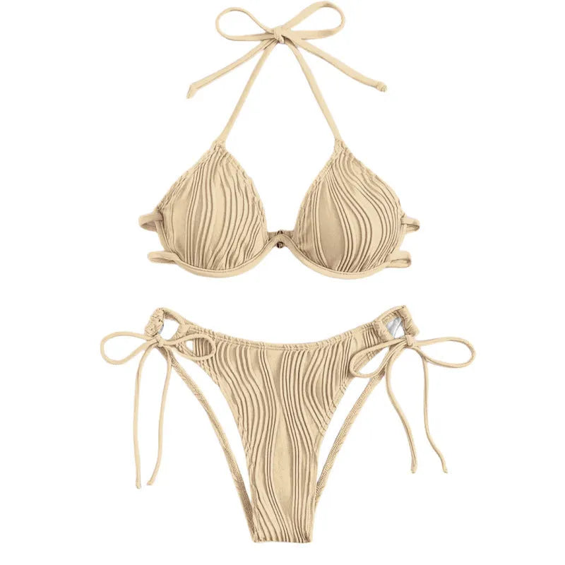 Women's steel bracket bikini swimsuit in polyester fabric with split triangle design
