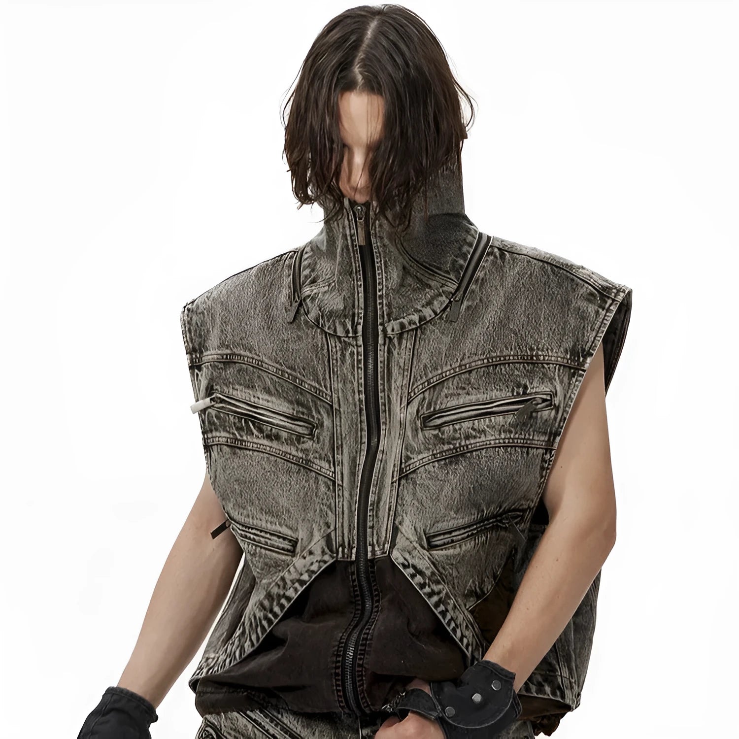 Men's splicing denim vest jacket with front zipper and sleeveless summer design