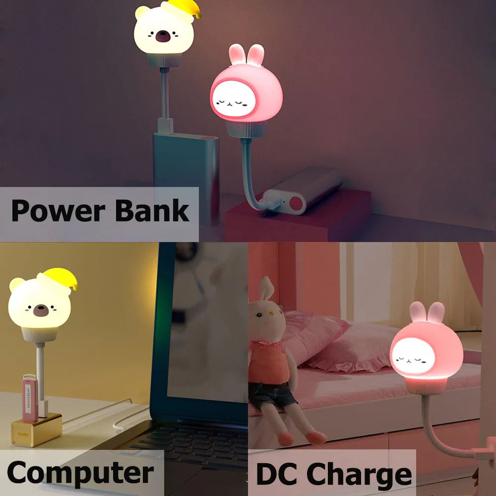 USB portable LED night light with cartoon animal design in bear or rabbit shape