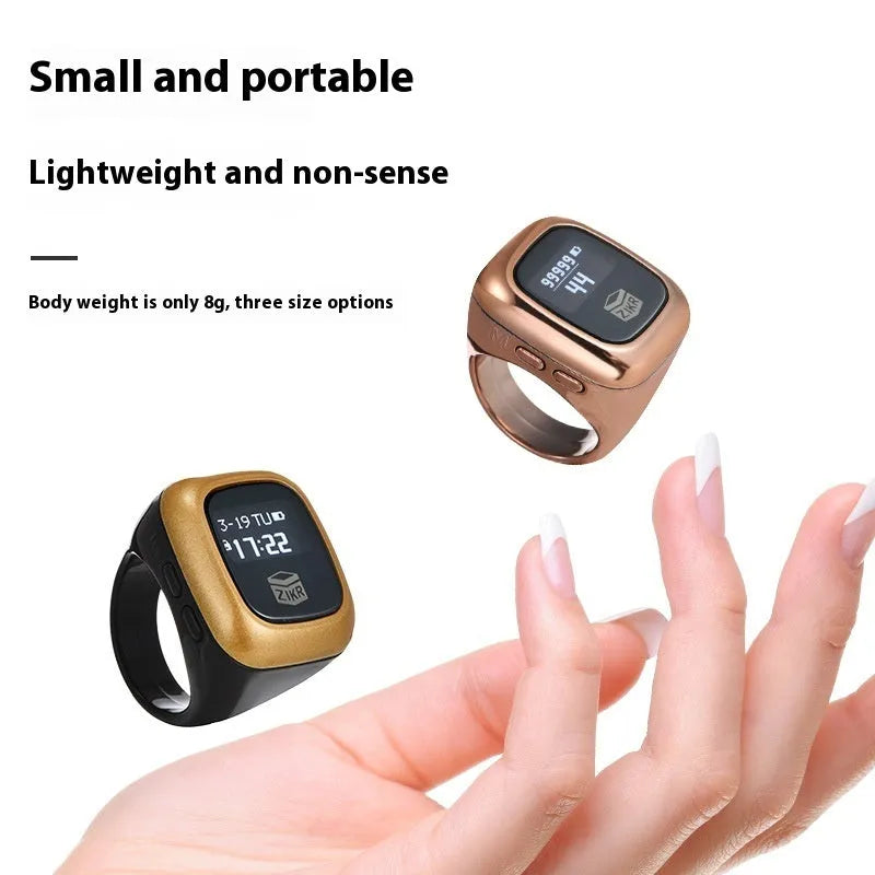 Al-Fatiha electronic zikr counter with digital display on a wrist, shown in rose gold colour with a 20mm band.