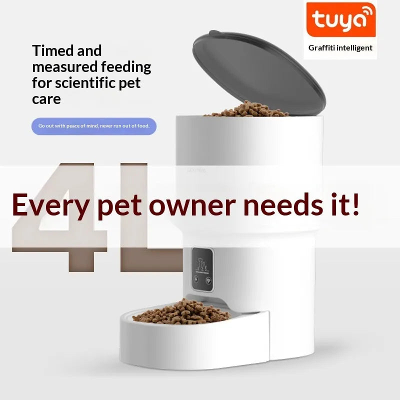 Pet automatic feeder with WiFi remote control and timed feeding, available in black or white with stainless steel bowl option