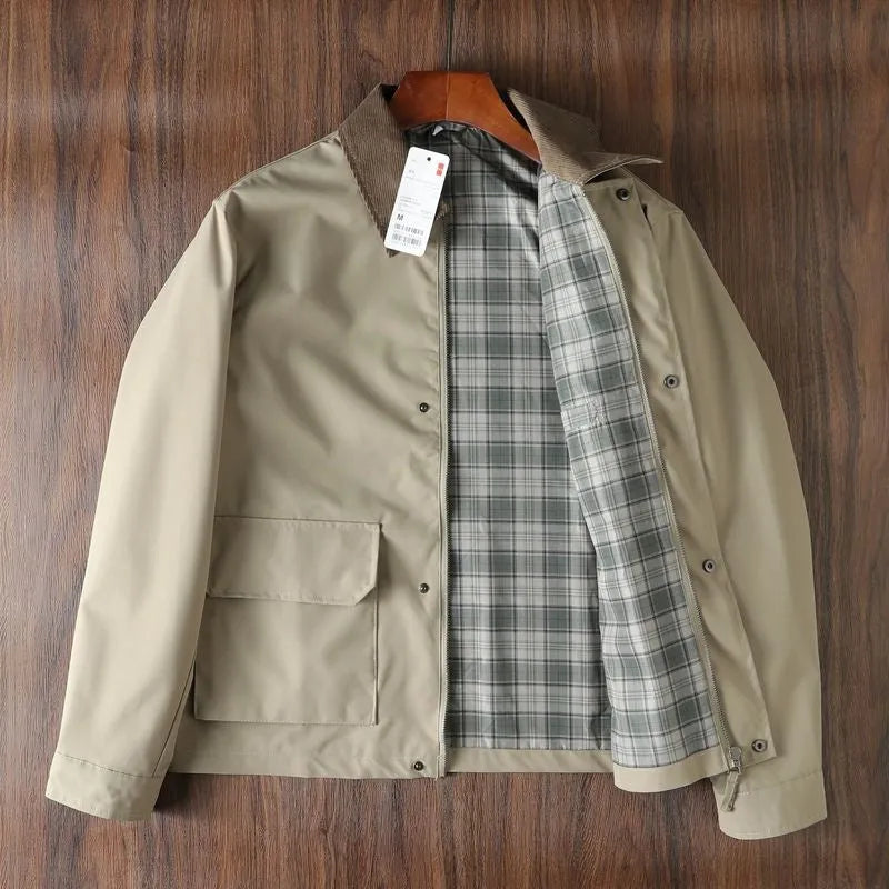 Men's casual short jacket in British style, cotton fabric, hooded, drawstring sleeves, black colour