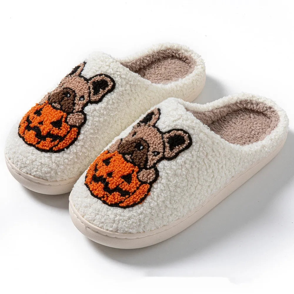Halloween pumpkin design slippers in plush cotton with non-slip rubber soles