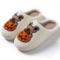 Halloween pumpkin design slippers in plush cotton with non-slip rubber soles