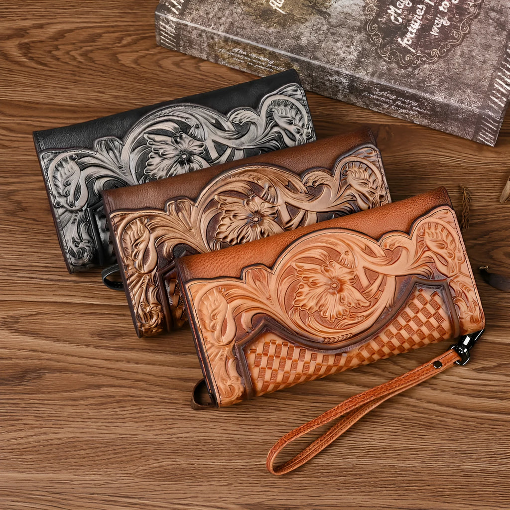 Chinese-style floral embossed women's leather wallet showing tri-fold design in retro brown colour
