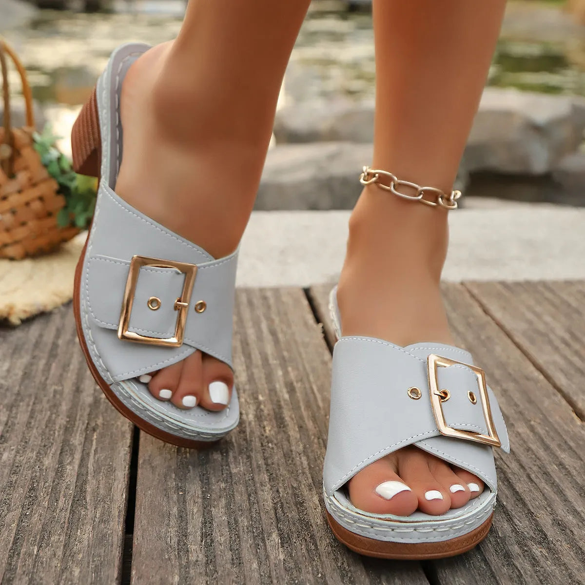 Women's retro chunky heel slippers with metal buckle in black and light blue colours