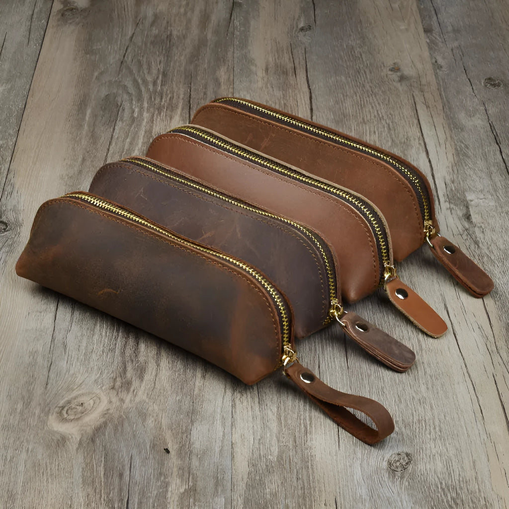 Handmade square leather pencil and glasses case with zipper closure in four colour options