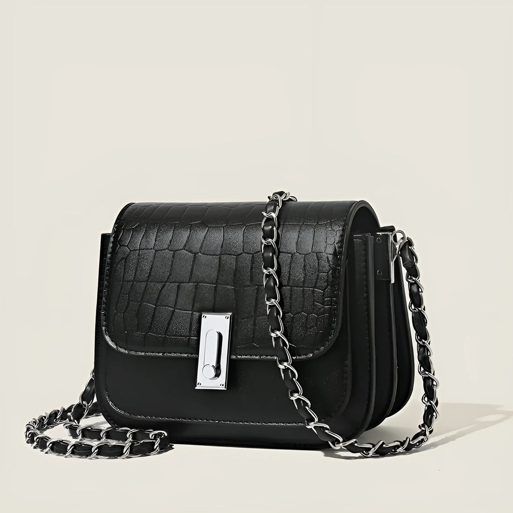 Women's black PU leather chain shoulder bag with phone compartment and crossbody strap