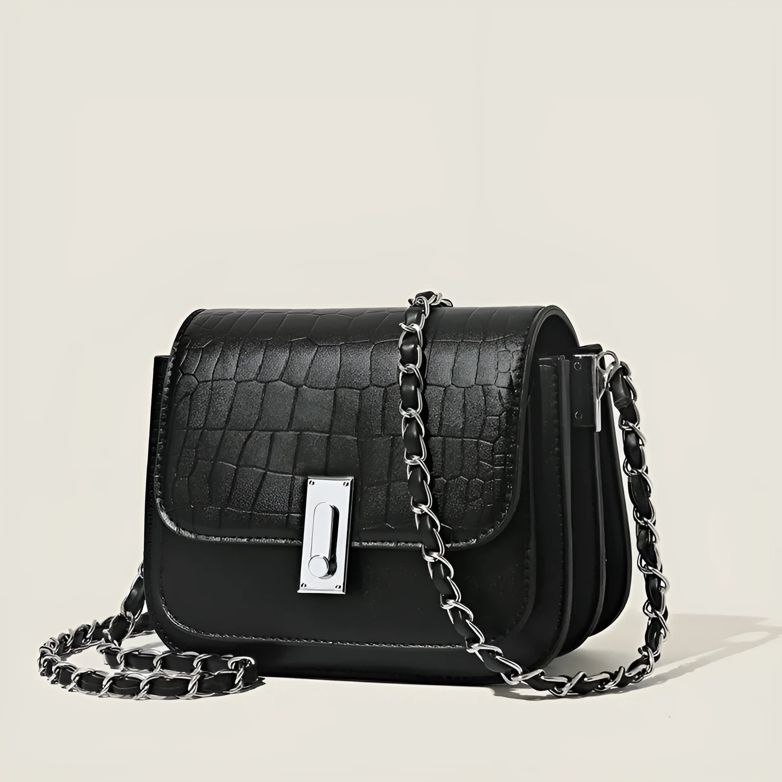 Women's black PU leather chain shoulder bag with phone compartment and crossbody strap