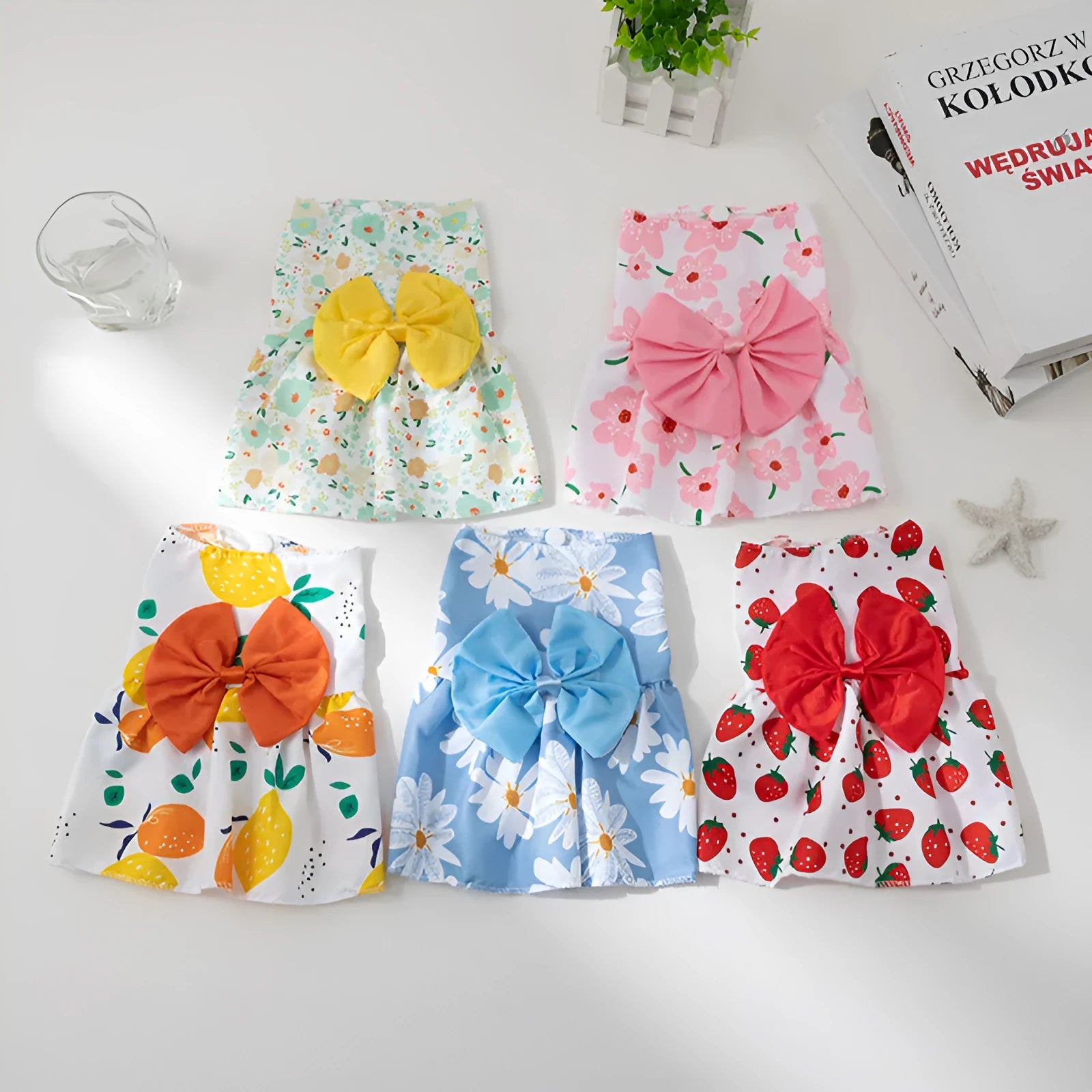 Summer pet dress with floral butterfly design and princess-style knot for dogs and cats