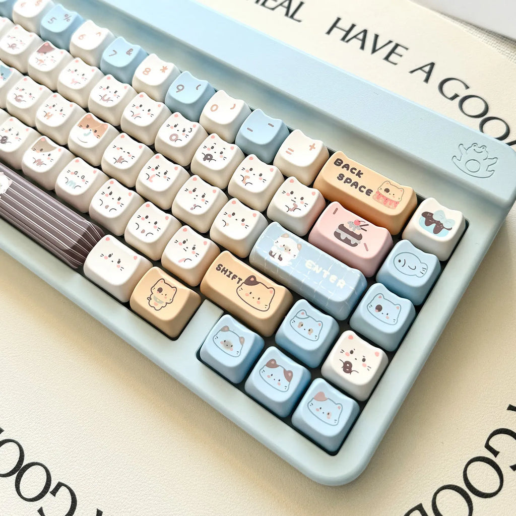 Sea salt cat design PBT keycap set with sublimation printing showing 1.5u space bar and March past supplements