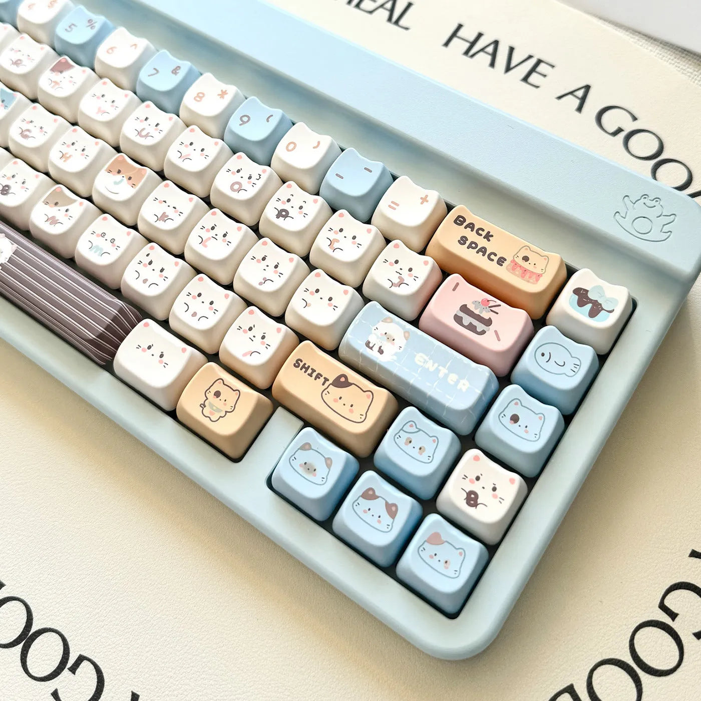 Sea salt cat design PBT keycap set with sublimation printing showing 1.5u space bar and March past supplements