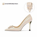 Women's white crystal bridal high heel pumps with rhinestone details and pointed toe