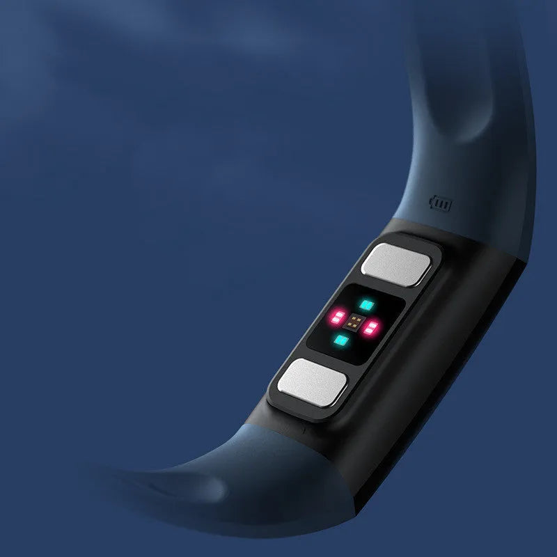 Black smart health bracelet with ECG, blood pressure, and blood oxygen monitoring on a wrist