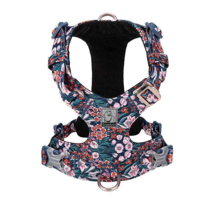 Pure cotton pet chest harness with pull-resistant strap in floral pattern
