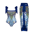 Women's retro one-piece swimsuit with chiffon skirt in floral pattern design