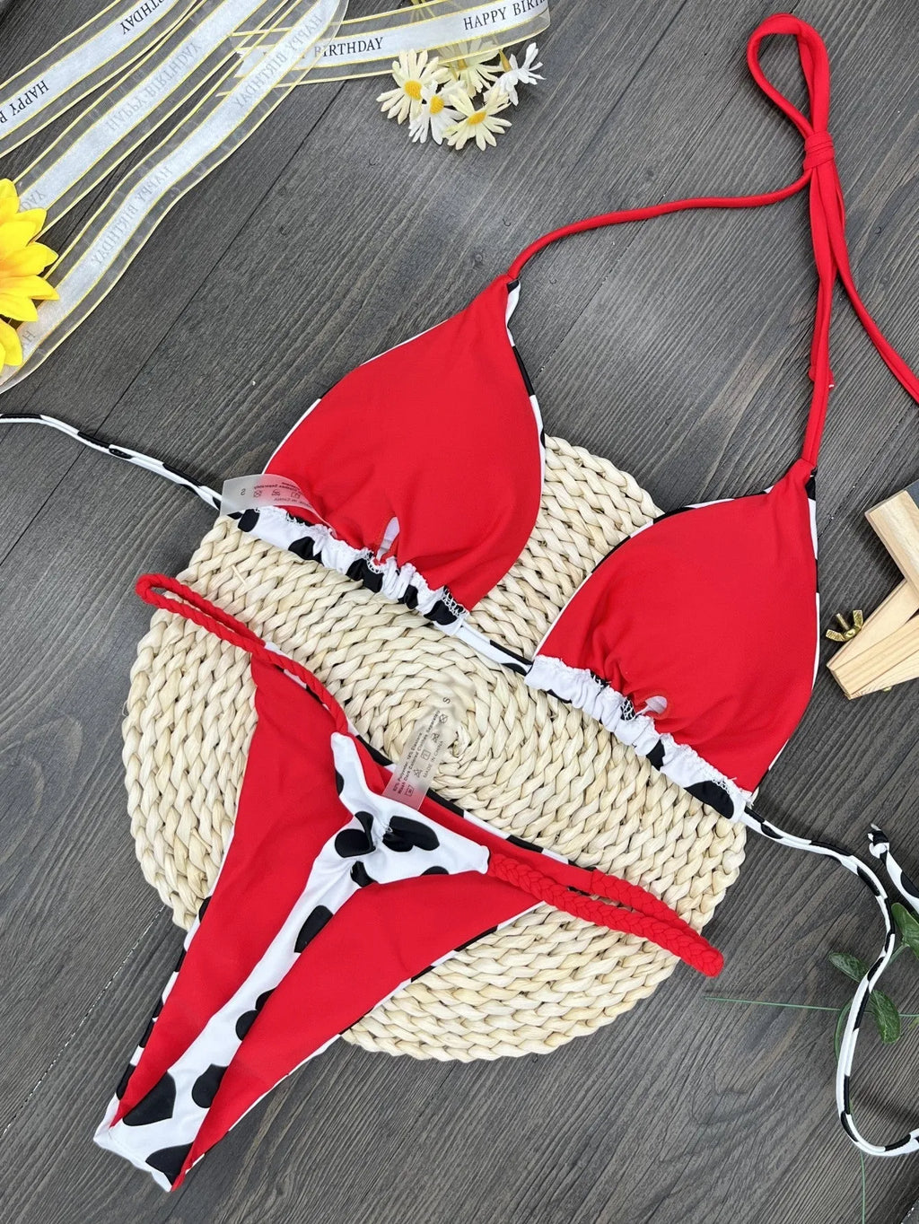 Heart print swimsuit set with backless design and split leg styling in nylon fabric