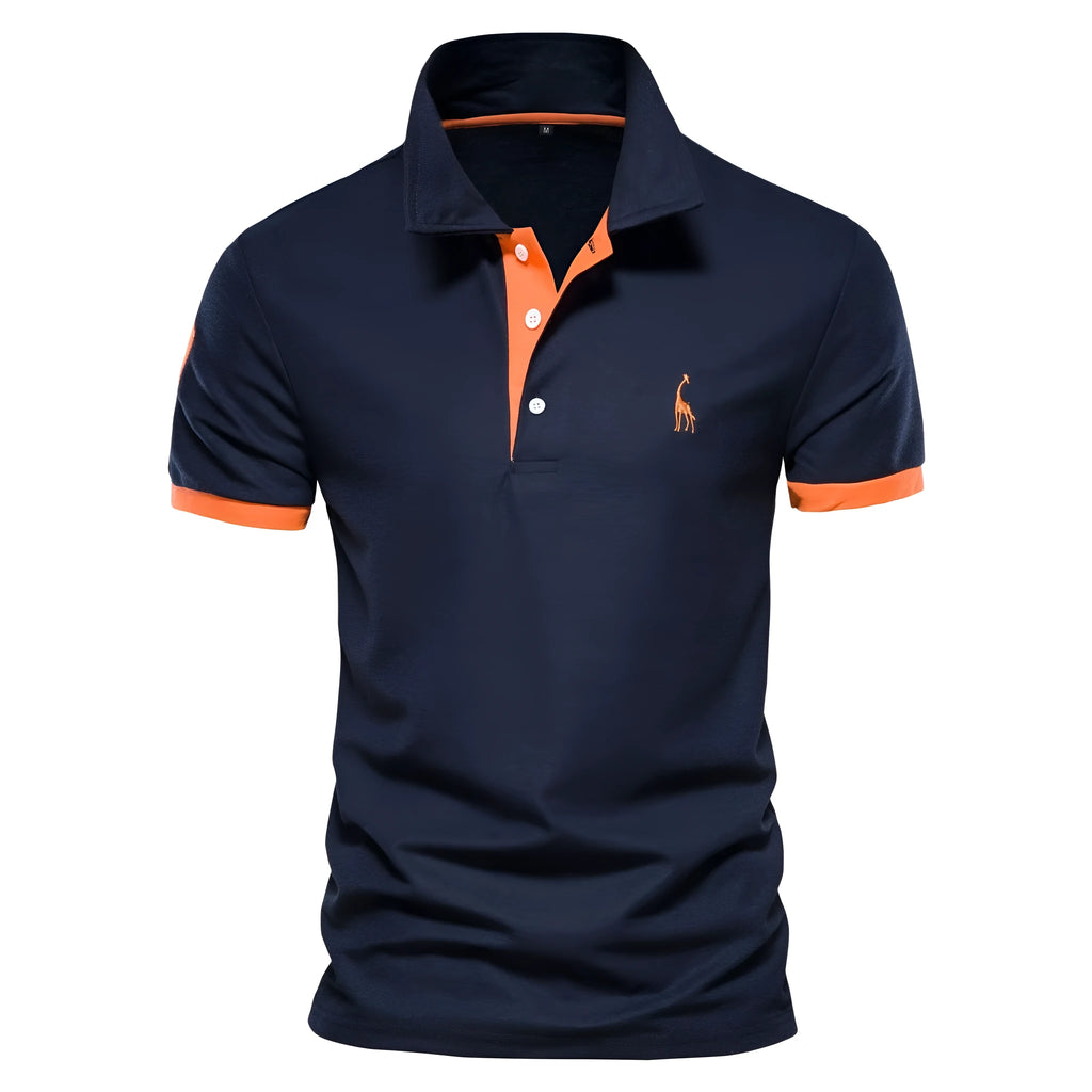 Men's slim fit embroidered short sleeve T-shirt on a hanger, showing front design.