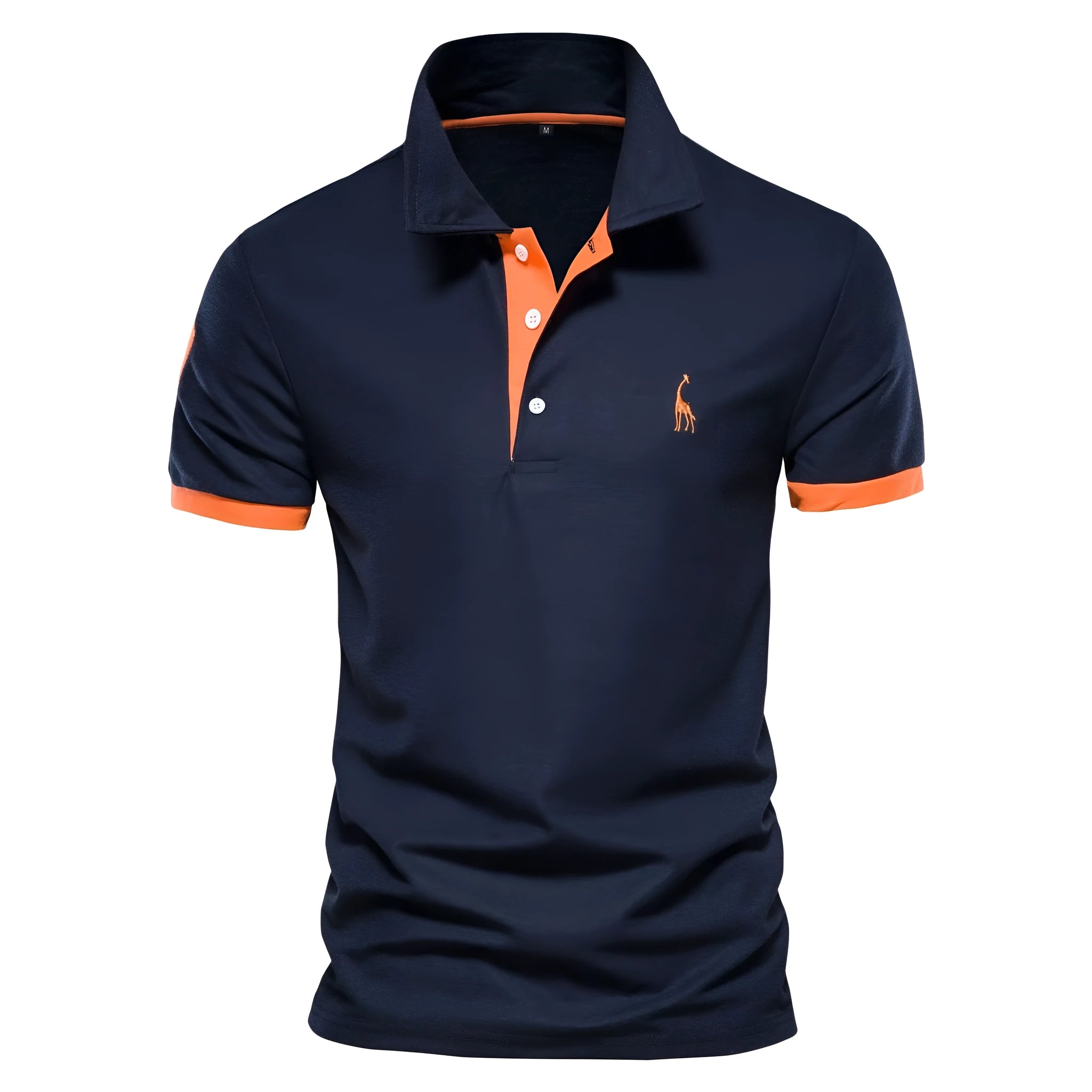 Men's slim fit embroidered short sleeve T-shirt on a hanger, showing front design.