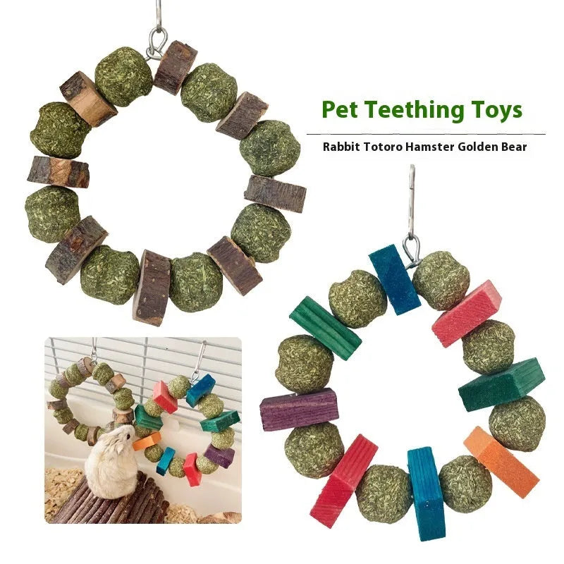 Hamster molar bite toy with decorative straw ball ring for small pet dental care