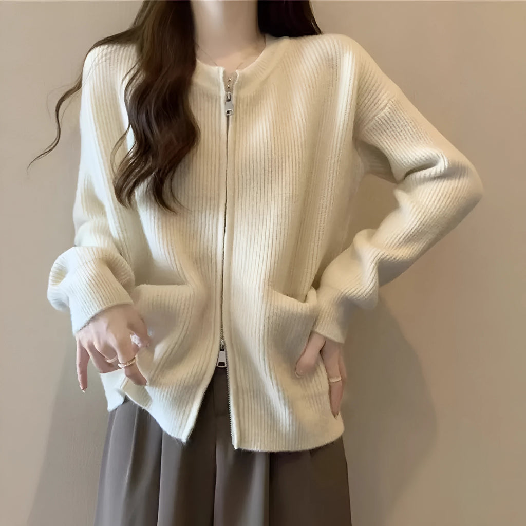 Beige soft wind glutinous sweater coat cardigan with long sleeves on hanger