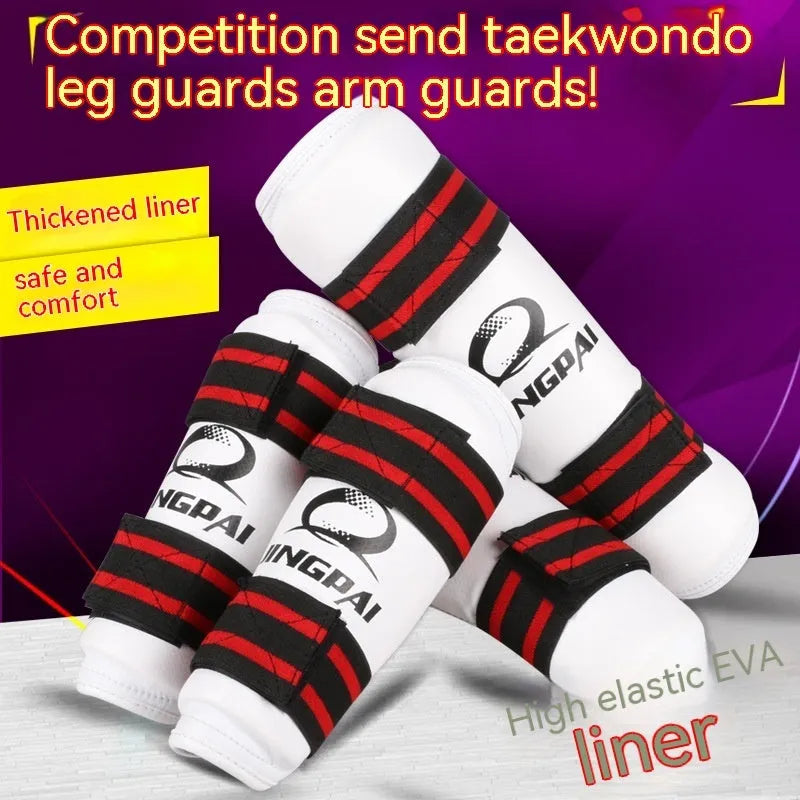 Taekwondo protective gear set showing arm guards and leg protectors with PU EVA foam construction