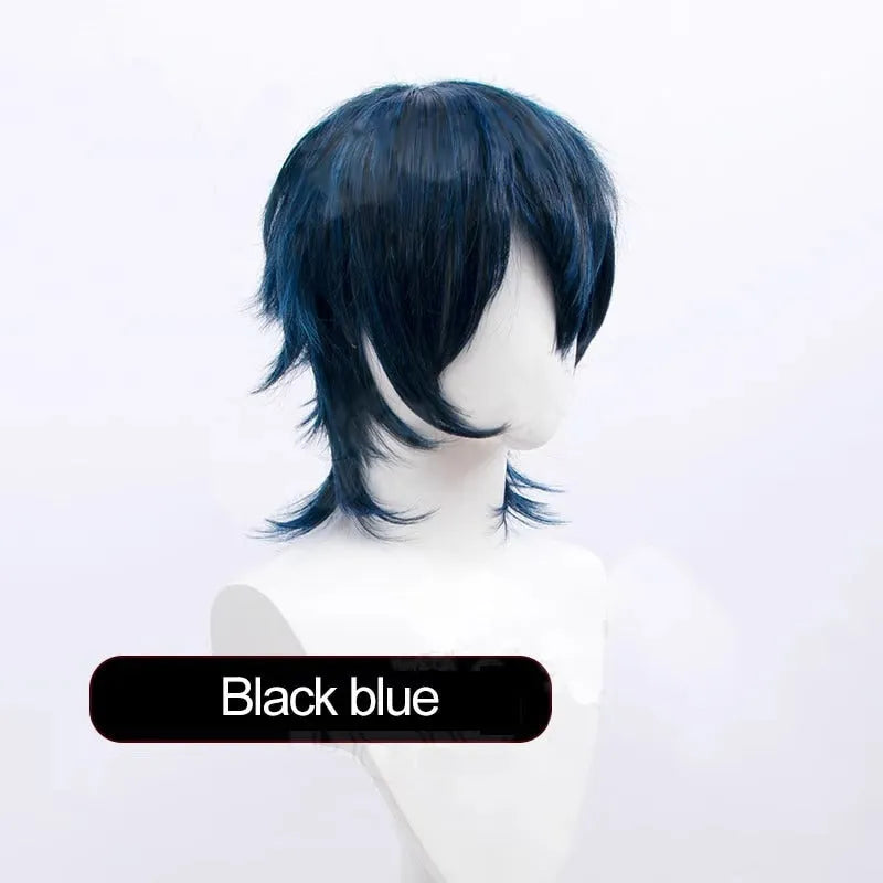 Short anime-style cosplay wig for men in high-temperature fibre with a lengthened hair tail.