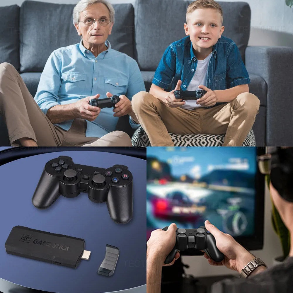 Compact black HD home TV game console with handle controller on textured surface