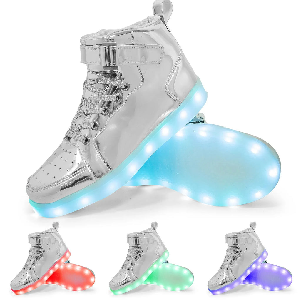 Black LED high-top dance shoes with light-up soles and Velcro strap.