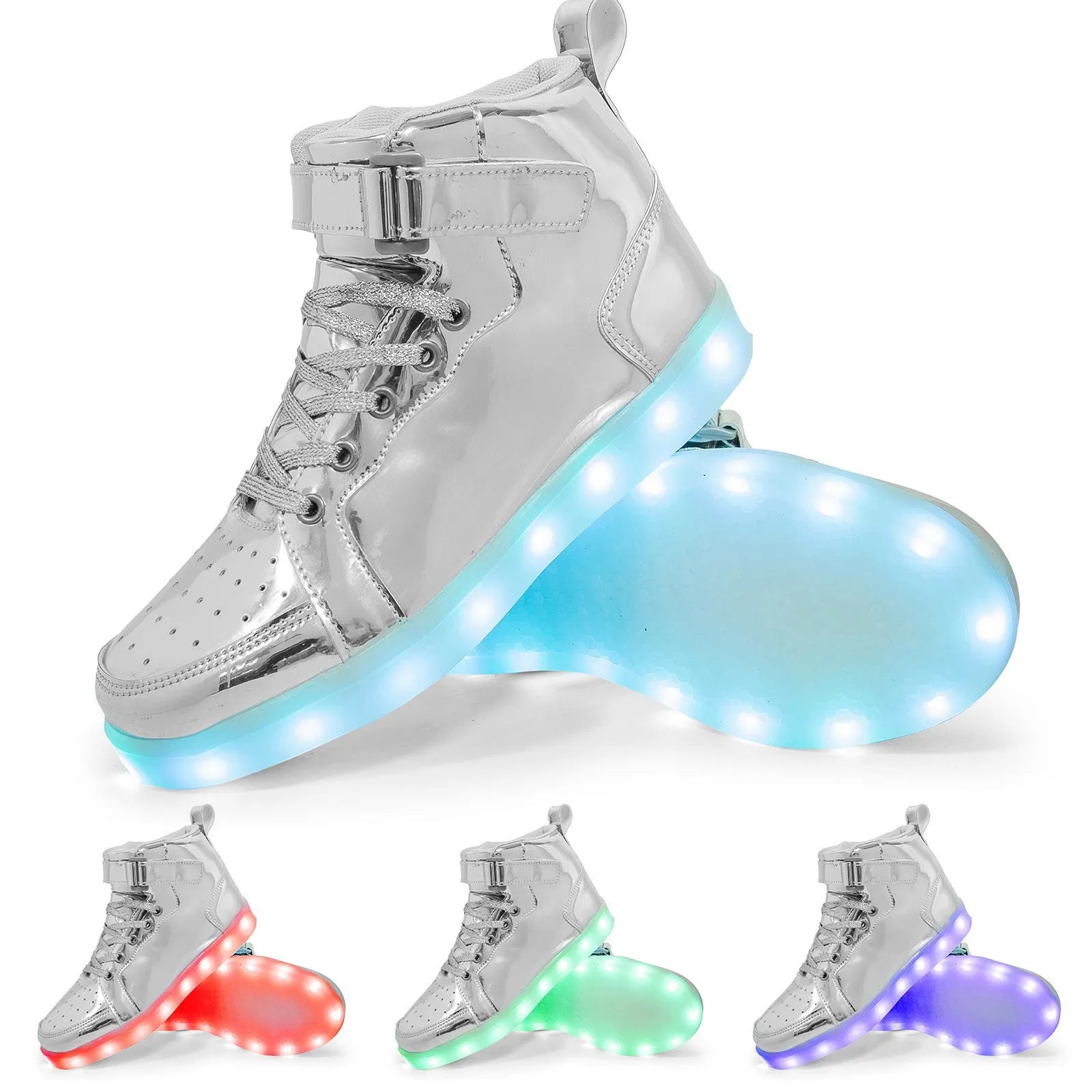 Black LED high-top dance shoes with light-up soles and Velcro strap.
