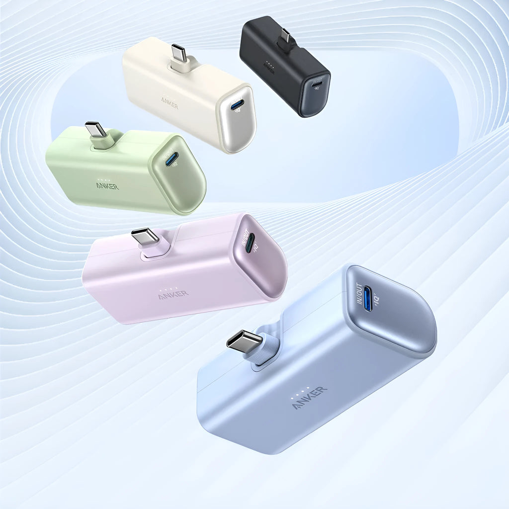 Compact capsule-shaped power bank in multiple colours with a foldable USB Type-C cable