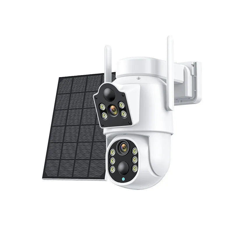 Outdoor solar wireless security camera with solar panel, showing 4MP resolution and 20m night vision capability