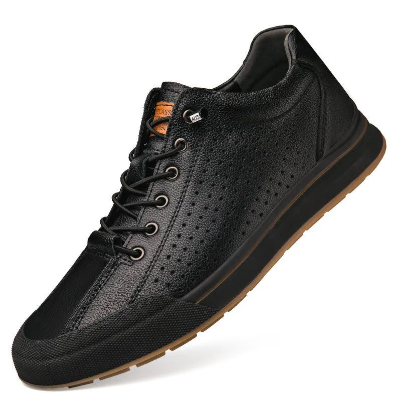 Men's white and black platform trainers with round toe and 6cm heel.
