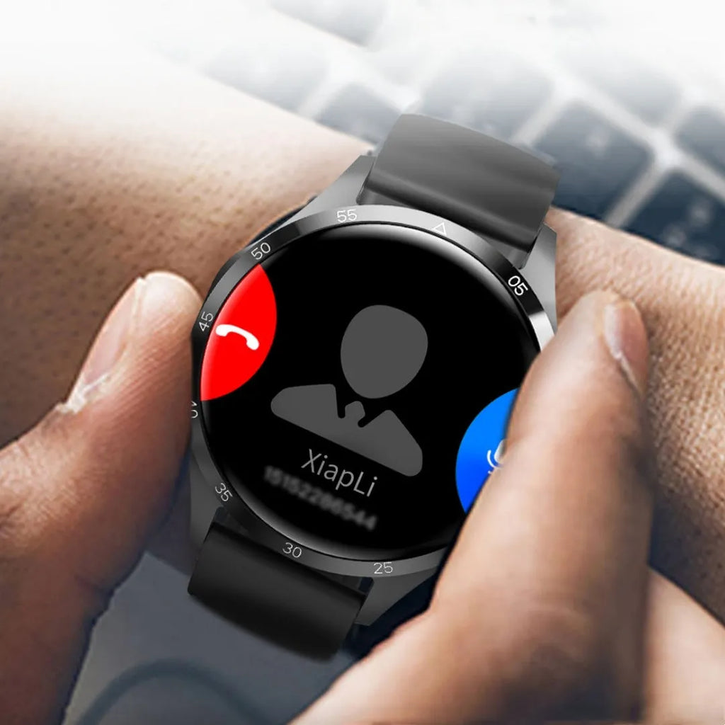 Black smartwatch with Bluetooth calling and sports modes on a silicone strap, displaying heart rate data.