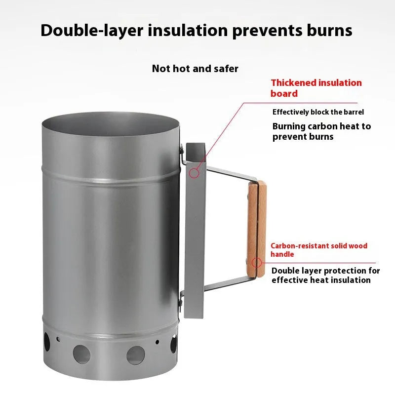 Silver zinc-iron alloy outdoor barbecue charcoal fire starter igniter for a bucket grill.