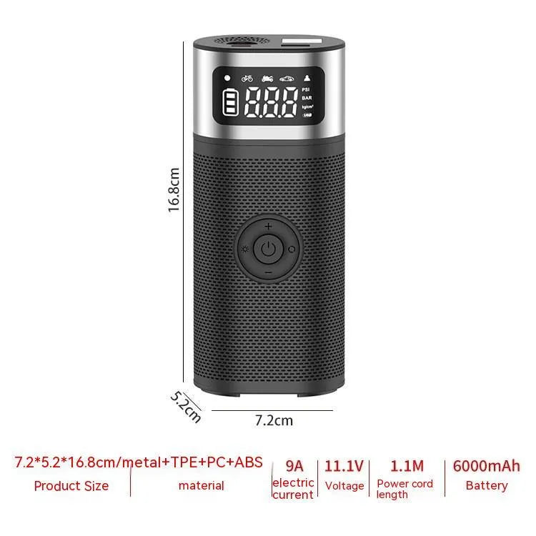 Black portable wireless air pump with USB charging cable and multiple nozzles including bicycle, swimming circle and ball attachments