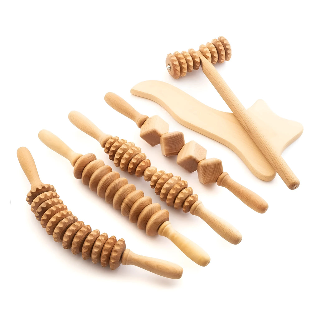 Natural beech wood massage roller set showing straight, curved and T-shaped designs