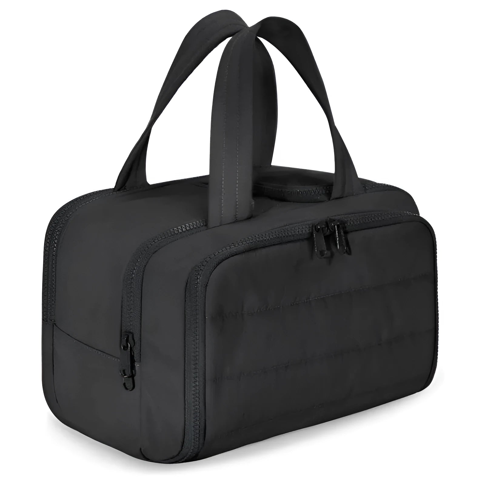 Large travel toiletry bag with wide open top showing interior capacity