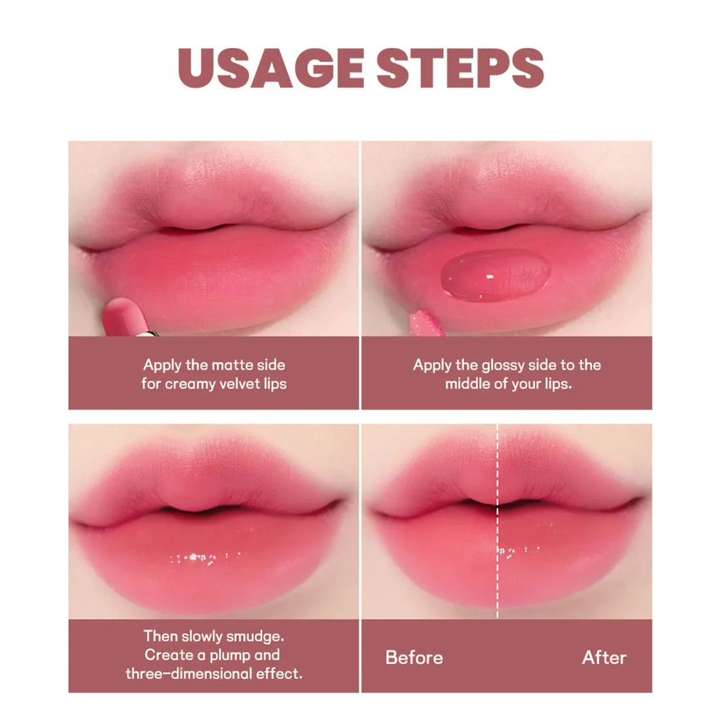 Double-ended lipstick and lip gloss stick showing matte lipstick bullet and glossy applicator