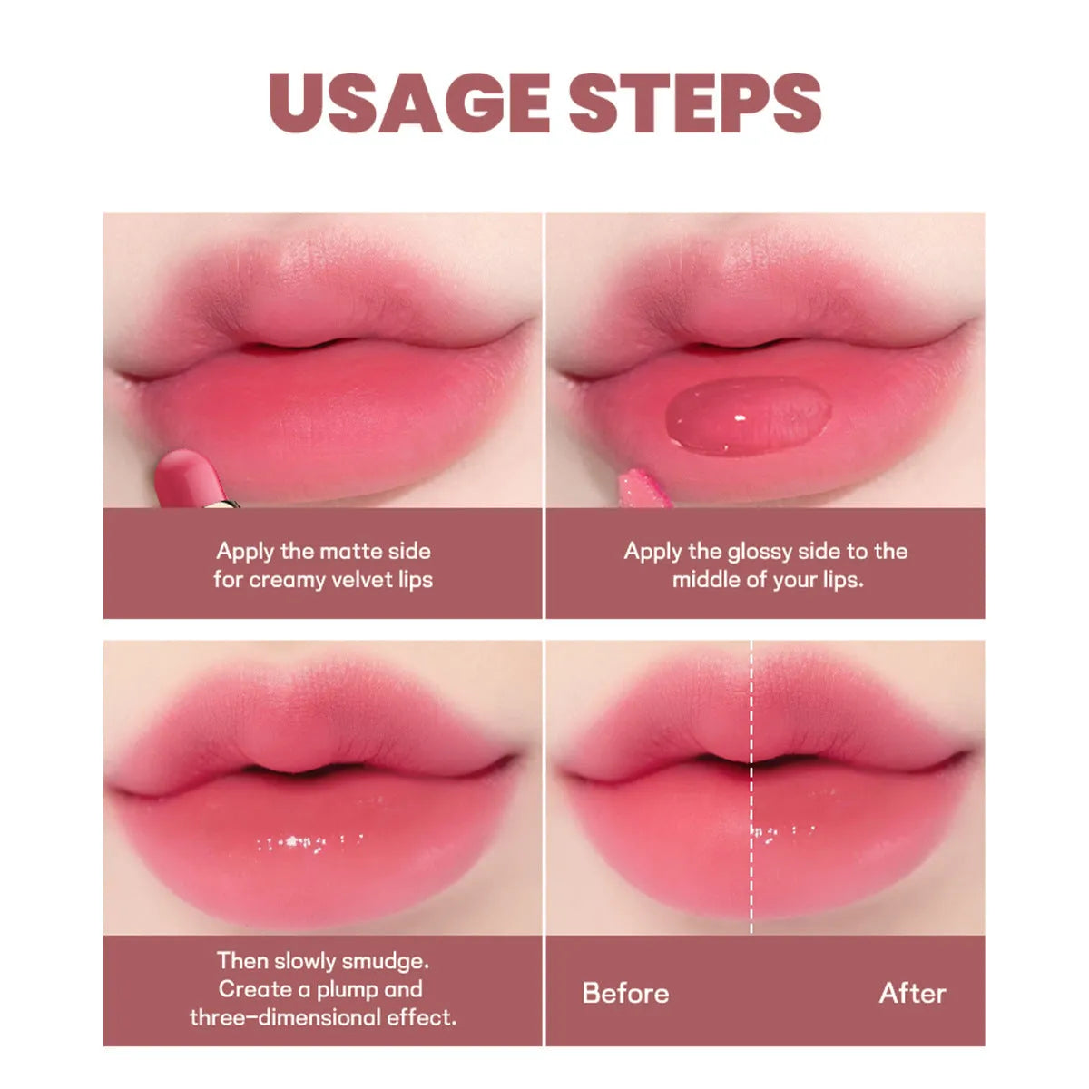 Double-ended lipstick and lip gloss stick showing matte lipstick bullet and glossy applicator