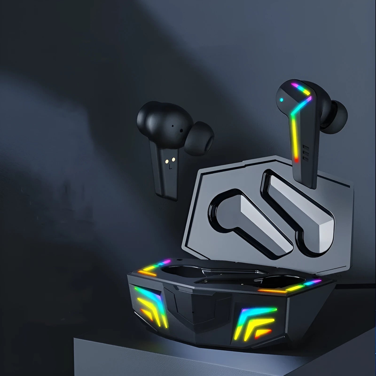Small black Bluetooth sports headset with earplug design for wireless audio during activities