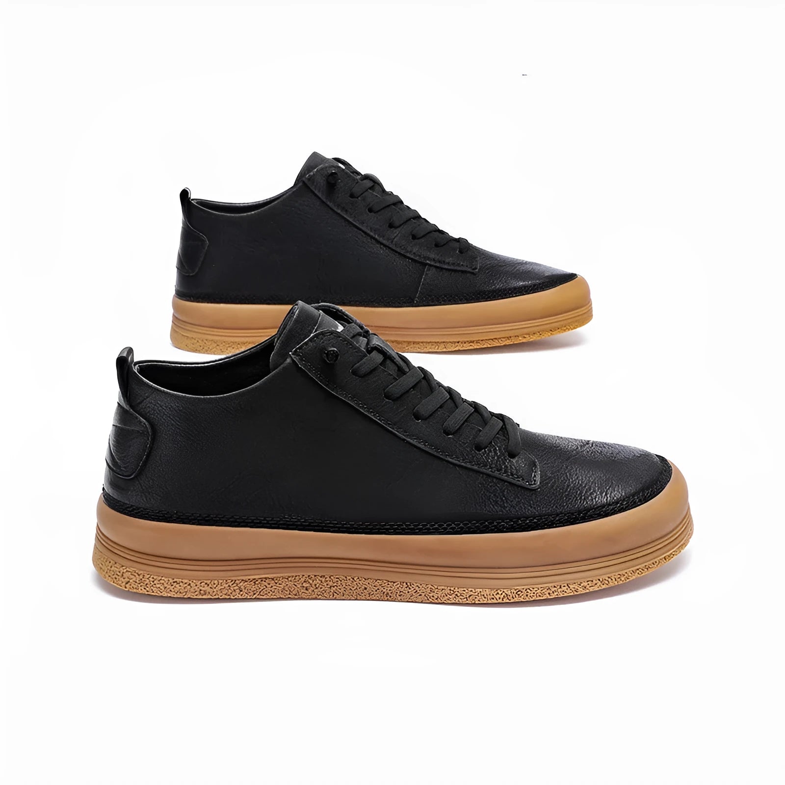 Men's black leather casual shoes with round toe, flat heel, and lace-up closure on rubber sole