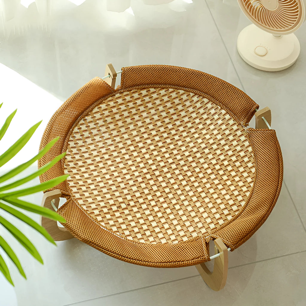 Brown woven rattan pet hammock measuring 46x46x17.5cm for cats and small dogs