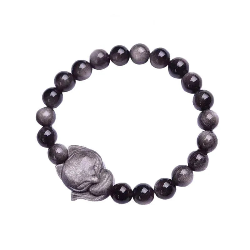Obsidian bracelet with fox head ring on an adjustable elastic band