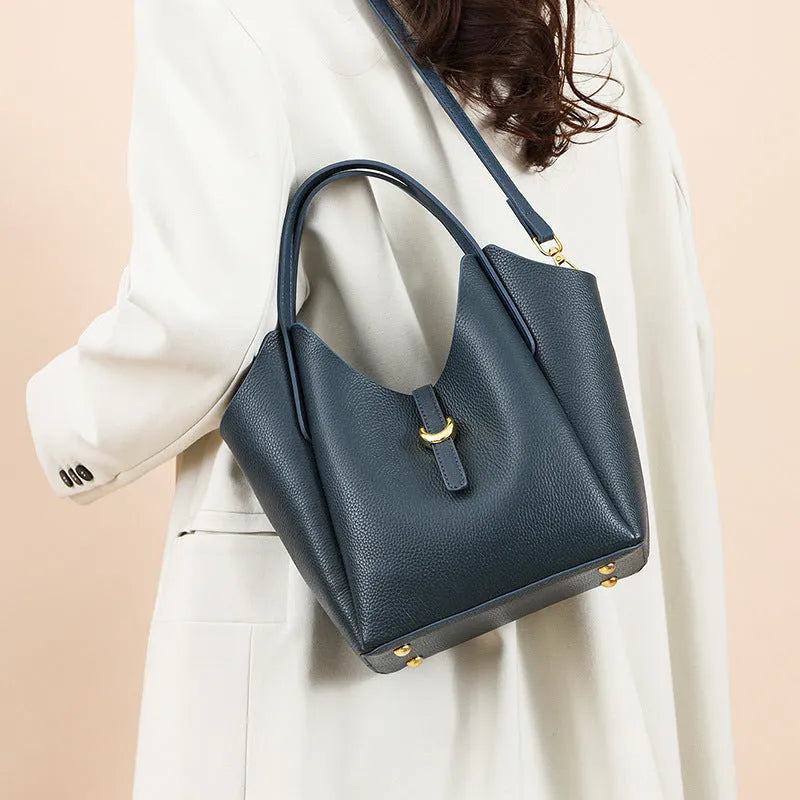 Women's genuine leather retro bucket bag with hand holding design and file organisation compartments