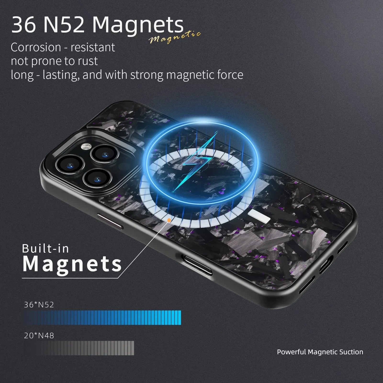 Metal frame mobile phone case with forged carbon fibre pattern and magnetic function for iPhone 17