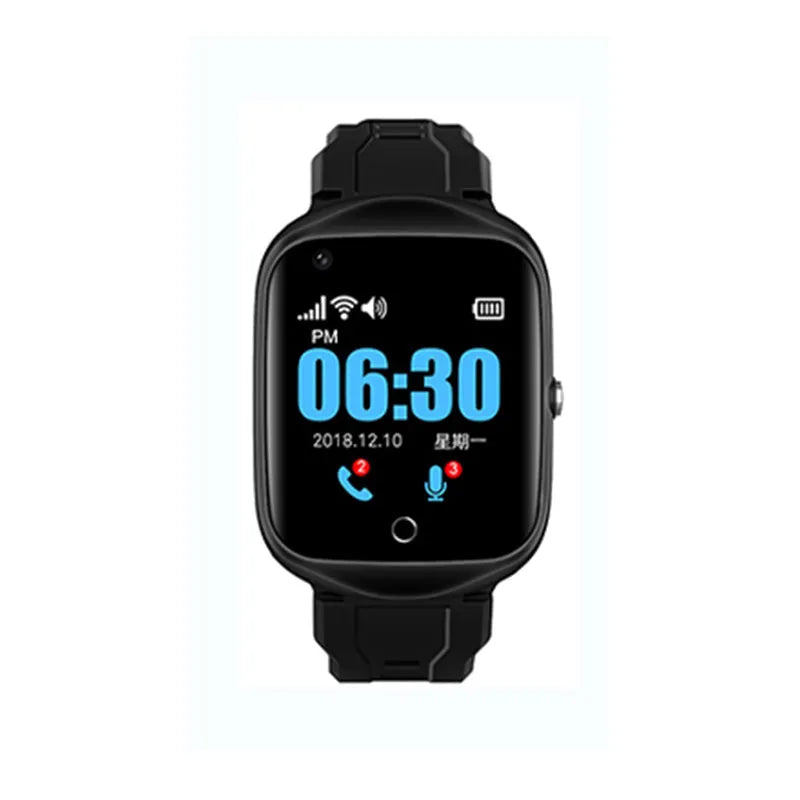 Square screen elderly positioning smartwatch with silicone strap showing black, blue and silver colour options